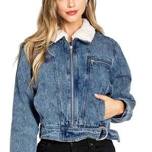 NWT Love Tree Denim Jacket Women L Blue Acid Wash Sherpa Lined Bomber Retro Crop
